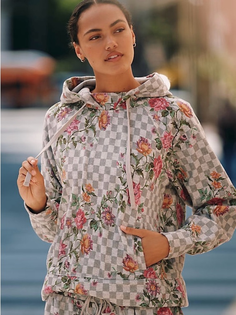 Daily Practice Anthropologie Checkerboard Floral‎ Print Hoodie Size Small